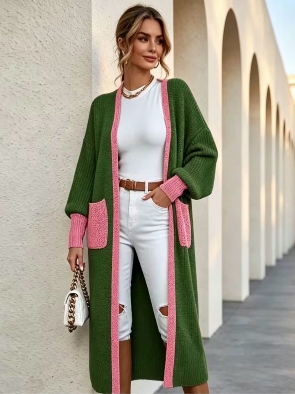 Green and Pink Open-Front Long Cardigan Sweater